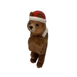 Small Wood Sculpture Bear in Santa Hat w/ Sack Holiday Decor